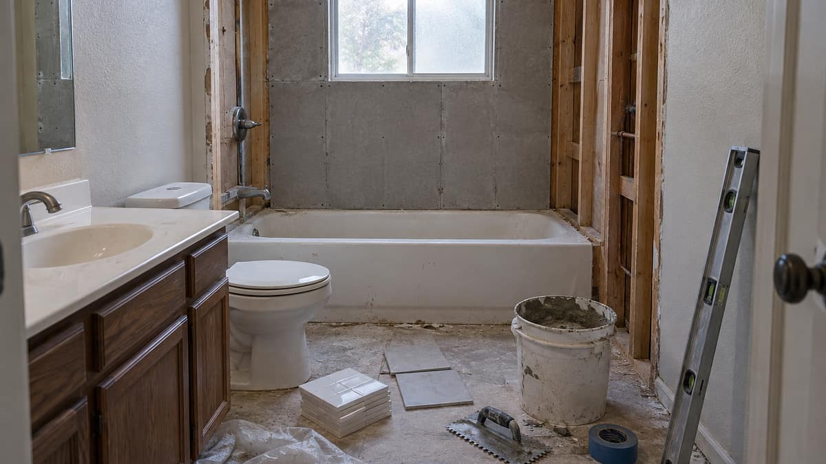 A suburban Texas bathroom mid-renovation: the shower wall stripped back to cement board, tile stacked on the floor, a notched trowel and a bucket of thinset in daylight.